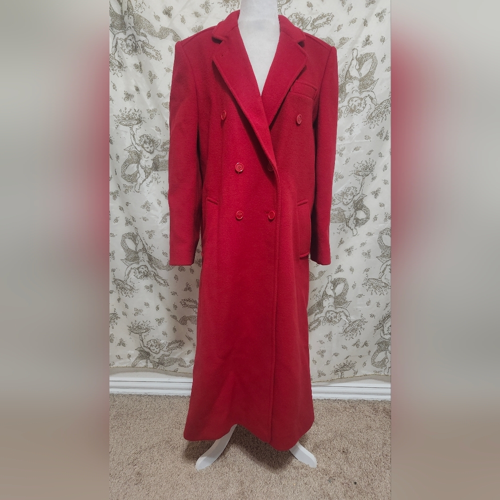 Vintage 90s Red Double-Breasted Harve Benard Red Valentine Wool Long Trench Coat